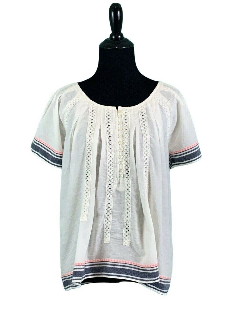 CHELSEA & VIOLET White Blue Trim Boho Short Sleeves Tunic Top Size S